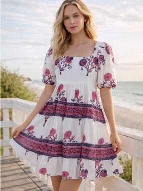 Victoria Dunn Floral Cotton Babydoll Dress XS Pink Purple Boho Puff Sleeve Flowy